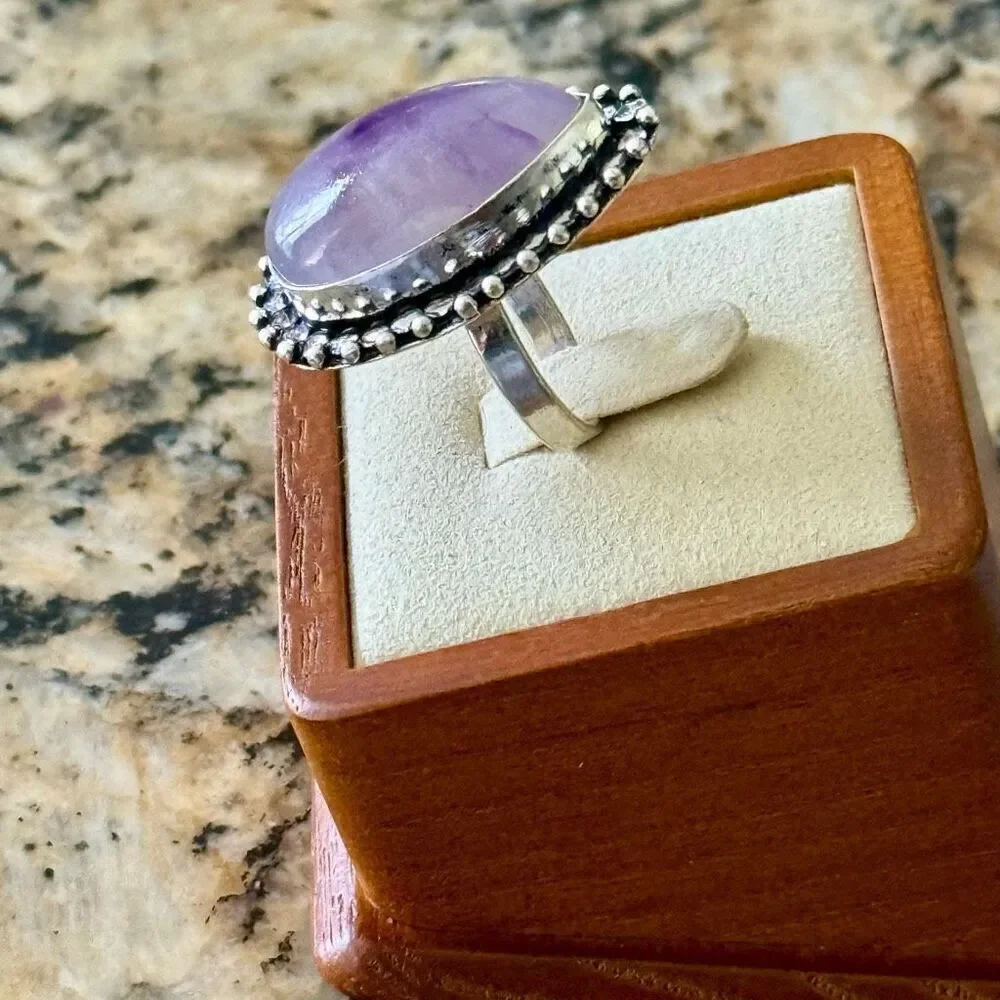 Natural Amethyst Teardrop Cabochon Solitaire Sterling Silver Statement Ring Sz 6